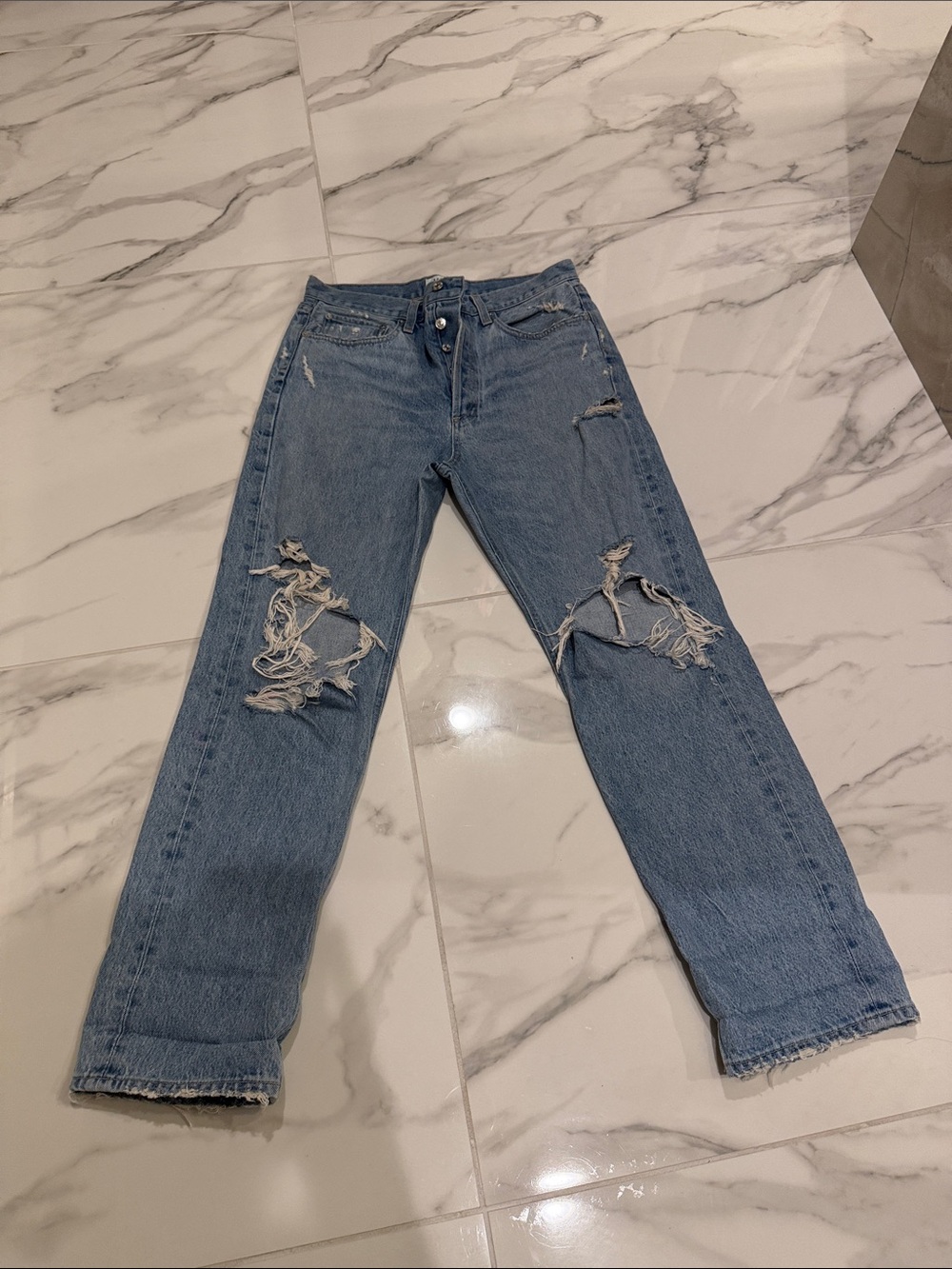 Agolde Light Blue Distressed Straight-Leg Jeans
